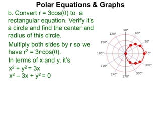 Polar Equations & Graphs
b. Convert r = 3cos() to a
rectangular equation. Verify it’s
a circle and find the center and
radius of this circle.
Multiply both sides by r so we
have r2 = 3r*cos().
In terms of x and y, it’s
x2 + y2 = 3x
x2 – 3x + y2 = 0
3
 