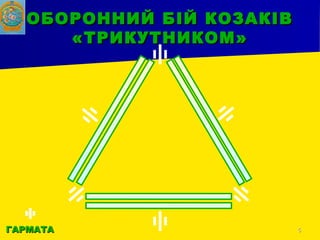 55
ОБОРОННИЙ БІЙ КОЗАКІВОБОРОННИЙ БІЙ КОЗАКІВ
«ТРИКУТНИКОМ»«ТРИКУТНИКОМ»
ГАРМАТАГАРМАТА
 