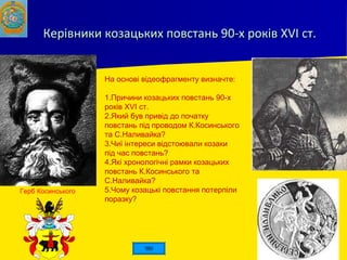 Керівники козацьких повстань 90-х роківКерівники козацьких повстань 90-х років XVIXVI ст.ст.
Герб Косинського
На основі відеофрагменту визначте:
1.Причини козацьких повстань 90-х
років XVI ст.
2.Який був привід до початку
повстань під проводом К.Косинського
та С.Наливайка?
3.Чиї інтереси відстоювали козаки
під час повстань?
4.Які хронологічні рамки козацьких
повстань К.Косинського та
С.Наливайка?
5.Чому козацькі повстання потерпіли
поразку?
 