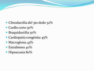 Clinodactilia del 5to dedo 52%Cuello corto 50%Braquidactilia 50%Cardiopatía congénita 45%Macroglosia 43%Estrabismo 40%Hipoacusia 80%