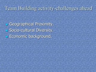 Team Building activity-challenges ahead
Geographical Proximity.
Socio-cultural Diversity.
Economic background.