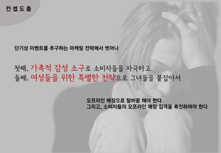 컨 셉 도 출
첫째, 가족적 감성 소구로 소비자들을 자극하고
둘째, 여성들을 위한 특별한 전략으로 그녀들을 붙잡아서
단기성 이벤트를 추구하는 마케팅 전략에서 벗어나
오프라인 매장으로 탈바꿈 해야 한다
그리고, 소비자들의 오프라인 매장 집객을 촉진하여야 한다
 