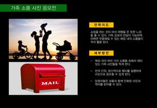 세 부 방 안
전 략 의 도
쇼핑을 하는 것이 마치 여행을 온 듯한 느낌
을 줄 수 있다. 가족 감성의 전달이 가능하며,
어쩌면 무용해질 수 있는 매장 내의 소품들이
적극 활용 된다.
- 매장 내의 여러 가지 소품들 속에서 재미
있는 가족 사진들을 찍게 한다.
- 전국 단위, 정기적으로 행사를 실행하며
사진으로 응모할 수 있게 한다.
- 당첨자들은 상품과 함께 인화된 사진과
액자를 받아볼 수 있다.
 
