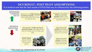 DCS RESULT : POST PILOT ASSUMPTIONS
It is worth to note that the final results of DT@S Pilot may be influenced by the following factors:
School Closure
due to natural
disasters during
the post pilot
period
DECLINE IN
RESULTS DUE
TO:
Deployment of DT@S Teaching
& Learning modules in schools
improved students Technology
& Cognitive level
Involvement of students in
DT@S co-curricular
activities (digital maker
activities) have improved
students results
IMPROVEMEN
T IN RESULTS
DUE TO:
Short period of DT@S Teaching &
Learning modules undertaken. It was
only for 8 weeks prior to DT@S post
pilot
Only 10 out of 24
schools participated in
Digital Maker activities
during co-curriculum
Only 16 out of 24
schools completed
DT@S Teaching and
Learning modules
* Pilot study was implemented at 24 schools
 