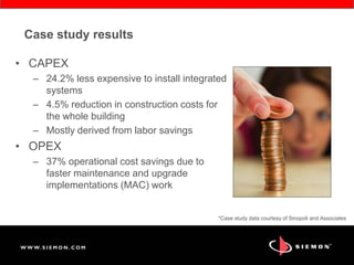 Case study results
• CAPEX
– 24.2% less expensive to install integrated
systems
– 4.5% reduction in construction costs for
the whole building
– Mostly derived from labor savings
• OPEX
– 37% operational cost savings due to
faster maintenance and upgrade
implementations (MAC) work
*Case study data courtesy of Sinopoli and Associates
 