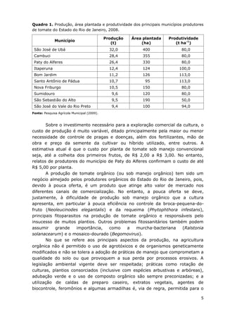 5
Quadro 1. Produção, área plantada e produtividade dos principais municípios produtores
de tomate do Estado do Rio de Janeiro, 2008.
Município
Produção
(t)
Área plantada
(ha)
Produtividade
(t ha-1
)
São José de Ubá 32,0 400 80,0
Cambuci 28,4 355 80,0
Paty do Alferes 26,4 330 80,0
Itaperuna 12,4 124 100,0
Bom Jardim 11,2 126 113,0
Santo Antônio de Pádua 10,7 95 113,0
Nova Friburgo 10,5 150 80,0
Sumidouro 9,6 120 80,0
São Sebastião do Alto 9,5 190 50,0
São José do Vale do Rio Preto 9,4 100 94,0
Fonte: Pesquisa Agrícola Municipal (2009).
Sobre o investimento necessário para a exploração comercial da cultura, o
custo de produção é muito variável, ditado principalmente pela maior ou menor
necessidade de controle de pragas e doenças, além dos fertilizantes, mão de
obra e preço da semente da cultivar ou híbrido utilizado, entre outros. A
estimativa atual é que o custo por planta de tomate sob manejo convencional
seja, até a colheita dos primeiros frutos, de R$ 2,00 a R$ 3,00. No entanto,
relatos de produtores do município de Paty do Alferes confirmam o custo de até
R$ 5,00 por planta.
A produção de tomate orgânico (ou sob manejo orgânico) tem sido um
negócio almejado pelos produtores orgânicos do Estado do Rio de Janeiro, pois,
devido à pouca oferta, é um produto que atinge alto valor de mercado nos
diferentes canais de comercialização. No entanto, a pouca oferta se deve,
justamente, à dificuldade de produção sob manejo orgânico que a cultura
apresenta, em particular à pouca eficiência no controle da broca-pequena-do-
fruto (Neoleucinodes elegantalis) e da requeima (Phytophthora infestans),
principais fitoparasitos na produção de tomate orgânico e responsáveis pelo
insucesso de muitos plantios. Outros problemas fitossanitários também podem
assumir grande importância, como a murcha-bacteriana (Ralstonia
solanacearum) e o mosaico-dourado (Begomovirus).
No que se refere aos principais aspectos da produção, na agricultura
orgânica não é permitido o uso de agrotóxicos e de organismos geneticamente
modificados e não se tolera a adoção de práticas de manejo que comprometam a
qualidade do solo ou que provoquem a sua perda por processos erosivos. A
legislação ambiental vigente deve ser respeitada; práticas como rotação de
culturas, plantios consorciados (inclusive com espécies arbustivas e arbóreas),
adubação verde e o uso de composto orgânico são sempre preconizadas; e a
utilização de caldas de preparo caseiro, extratos vegetais, agentes de
biocontrole, feromônios e algumas armadilhas é, via de regra, permitida para o
 