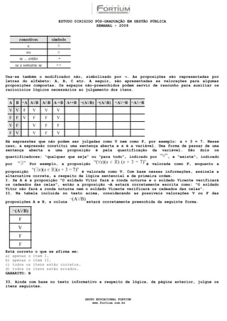ESTUDO DIRIGIDO PÓS-GRADUAÇÃO EM GESTÃO PÚBLICA
                                        SEMANAL - 2009




Usa-se também o modificador não, simbolizado por ¬. As proposições são representadas por
letras do alfabeto: A, B, C etc. A seguir, são apresentadas as valorações para algumas
proposições compostas. Os espaços não-preenchidos podem servir de rascunho para auxiliar os
raciocínios lógicos necessários ao julgamento dos itens.




Há expressões que não podem ser julgadas como V nem como F, por exemplo: x + 3 = 7. Nesse
caso, a expressão constitui uma sentença aberta e x é a variável. Uma forma de passar de uma
sentença aberta a uma proposição é pela quantificação da variável. São dois os
quantificadores: “qualquer que seja” ou “para todo”, indicado por        , e “existe”, indicado
por       Por exemplo, a proposição                             é valorada como F, enquanto a

proposição                       é valorada como V. Com base nessas informações, assinale a
alternativa correta, a respeito de lógica sentencial e de primeira ordem.
I. Se A é a proposição “O soldado Vítor fará a ronda noturna e o soldado Vicente verificará
os cadeados das celas”, então a proposição ¬A estará corretamente escrita como: “O soldado
Vítor não fará a ronda noturna nem o soldado Vicente verificará os cadeados das celas”.
II. Na tabela incluída no texto acima, considerando as possíveis valorações V ou F das

proposições A e B, a coluna         estará corretamente preenchida da seguinte forma.




Está correto o que se afirma em:
a) apenas o item I.
b) apenas o item II.
c) todos os itens estão corretos.
d) todos os itens estão errados.
GABARITO: B

33. Ainda com base no texto informativo a respeito de lógica, da página anterior, julgue os
itens seguintes.


                                    GRUPO EDUCACIONAL FORTIUM
                                        www.fortium.com.br
 