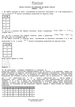 ESTUDO DIRIGIDO PÓS-GRADUAÇÃO EM GESTÃO PÚBLICA
                                        SEMANAL - 2009

I. Na tabela incluída no texto, considerando as possíveis valorações V ou F das proposições A
e B, a coluna      estará corretamente preenchida da seguinte forma.




II. Se Q é o conjunto dos números racionais, então a proposição                             é
julgada como V.

III. Se    é o conjunto dos números inteiros, então a proposição                        é
divisível por 3] é julgada como V.
IV. Na tabela incluída no referido texto, considerando as possíveis valorações V ou F das

proposições A e B, a coluna        estará corretamente preenchida da seguinte forma.




Estão certos apenas os itens
a) I e II.
b) I e IV.
c) I e III.
d) III e IV.
e) II e IV.
GABARITO: C

34. Na comunicação, o elemento fundamental é a sentença, ou
proposição simples, constituída esquematicamente por um sujeito e um predicado, sempre nas
formas afirmativa ou negativa, excluindo-se as interrogativas e exclamativas. Toda proposição
pode ser julgada como falsa (F), ou verdadeira (V), excluindo-se qualquer outra forma. Novas
proposições são formadas a partir de proposições simples, com os conectivos “e”, simbolizado
por   ; “ou”, simbolizado por    ; “se ... então”, simbolizado por      . Usa-se também o
modificador “não”, simbolizado por ¬. As proposições são representadas por letras do
alfabeto: A, B, C etc. A seguir são apresentadas as valorações para algumas proposições
compostas a partir das valorações das proposições A e B que compõem essas proposições
compostas. As valorações de uma proposição composta compõem a tabela-verdade da respectiva
proposição.




                                  GRUPO EDUCACIONAL FORTIUM
                                      www.fortium.com.br
 