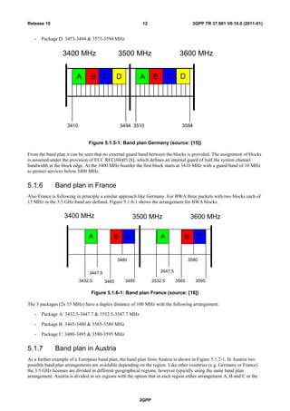 3GPP
3GPP TR 37.801 V0.10.0 (2011-01)12Release 10
- Package D: 3473-3494 & 3573-3594 MHz
3400 MHz 3500 MHz 3600 MHz
3410 3494 3510 3594
A B A B C DC D
Figure 5.1.5-1: Band plan Germany (source: [15])
From the band plan it can be seen that no external guard band between the blocks is provided. The assignment of blocks
is assumed under the provision of ECC REC(04)05 [8], which defines an internal guard of half the system channel
bandwidth at the block edge. At the 3400 MHz boarder the first block starts at 3410 MHz with a guard band of 10 MHz
to protect services below 3400 MHz.
5.1.6 Band plan in France
Also France is following in principle a similar approach like Germany. For BWA three packets with two blocks each of
15 MHz in the 3.5 GHz band are defined. Figure 5.1.6-1 shows the arrangement for BWA blocks.
3400 MHz 3500 MHz
3432.5 3495
A B C A B C
3600 MHz
3532.5 35953465 3565
35803480
0
3447.5
0
3547.5
0
Figure 5.1.6-1: Band plan France (source: [16])
The 3 packages (2x 15 MHz) have a duplex distance of 100 MHz with the following arrangement:
- Package A: 3432.5-3447.7 & 3532.5-3547.7 MHz
- Package B: 3465-3480 & 3565-3580 MHz
- Package C: 3480-3495 & 3580-3595 MHz
5.1.7 Band plan in Austria
As a further example of a European band plan, the band plan from Austria is shown in Figure 5.1.7-1. In Austria two
possible band plan arrangements are available depending on the region. Like other countries (e.g. Germany or France)
the 3.5 GHz licenses are divided in different geographical regions, however typically using the same band plan
arrangement. Austria is divided in six regions with the option that in each region either arrangement A, B and C or the
 