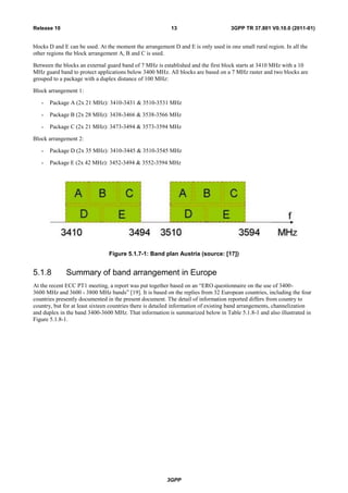 3GPP
3GPP TR 37.801 V0.10.0 (2011-01)13Release 10
blocks D and E can be used. At the moment the arrangement D and E is only used in one small rural region. In all the
other regions the block arrangement A, B and C is used.
Between the blocks an external guard band of 7 MHz is established and the first block starts at 3410 MHz with a 10
MHz guard band to protect applications below 3400 MHz. All blocks are based on a 7 MHz raster and two blocks are
grouped to a package with a duplex distance of 100 MHz:
Block arrangement 1:
- Package A (2x 21 MHz): 3410-3431 & 3510-3531 MHz
- Package B (2x 28 MHz): 3438-3466 & 3538-3566 MHz
- Package C (2x 21 MHz): 3473-3494 & 3573-3594 MHz
Block arrangement 2:
- Package D (2x 35 MHz): 3410-3445 & 3510-3545 MHz
- Package E (2x 42 MHz): 3452-3494 & 3552-3594 MHz
Figure 5.1.7-1: Band plan Austria (source: [17])
5.1.8 Summary of band arrangement in Europe
At the recent ECC PT1 meeting, a report was put together based on an “ERO questionnaire on the use of 3400-
3600 MHz and 3600 - 3800 MHz bands” [19]. It is based on the replies from 32 European countries, including the four
countries presently documented in the present document. The detail of information reported differs from country to
country, but for at least sixteen countries there is detailed information of existing band arrangements, channelization
and duplex in the band 3400-3600 MHz. That information is summarized below in Table 5.1.8-1 and also illustrated in
Figure 5.1.8-1.
 