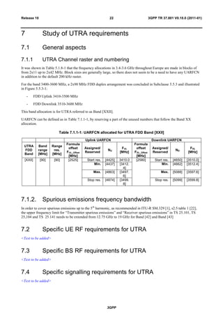 3GPP
3GPP TR 37.801 V0.10.0 (2011-01)22Release 10
7 Study of UTRA requirements
7.1 General aspects
7.1.1 UTRA Channel raster and numbering
It was shown in Table 5.1.8-1 that the frequency allocations in 3.4-3.6 GHz throughout Europe are made in blocks of
from 2x11 up to 2x42 MHz. Block sizes are generally large, so there does not seem to be a need to have any UARFCN
in addition to the default 200 kHz raster.
For the band 3400-3600 MHz, a 2x90 MHz FDD duplex arrangement was concluded in Subclause 5.5.3 and illustrated
in Figure 5.5.3-1:
- FDD Uplink 3410-3500 MHz
- FDD Downlink 3510-3600 MHz
This band allocation is for UTRA referred to as Band [XXII].
UARFCN can be defined as in Table 7.1.1-1, by reserving a part of the unused numbers that follow the Band XX
allocation.
Table 7.1.1-1: UARFCN allocated for UTRA FDD Band [XXII]
Uplink UARFCN Downlink UARFCN
UTRA
FDD
Band
Band
range
[MHz]
Range
res.
[MHz]
Formula
offset
FUL_Offset
[MHz]
Assigned/
Reserved
NU
FUL
[MHz]
Formula
offset
FDL_Offset
[MHz]
Assigned/
Reserved
ND
FDL
[MHz]
[XXII] [90] [90] [2525] Start res. [4425] 3410.0 [2580] Start res. [4650] [3510.0]
Min. [4437] [3412.
4]
Min. [4662] [3512.4]
Max. [4863] [3497.
6]
Max. [5088] [3597.6]
Stop res. [4874] [3499.
8]
Stop res. [5099] [3599.8]
7.1.2. Spurious emissions frequency bandwidth
In order to cover spurious emissions up to the 5th
harmonic, as recommended in ITU-R SM.329 [1], s2.5 table 1 [22],
the upper frequency limit for “Transmitter spurious emissions” and “Receiver spurious emissions” in TS 25.101, TS
25,104 and TS 25.141 needs to be extended from 12.75 GHz to 19 GHz for Band [42] and Band [43]
7.2 Specific UE RF requirements for UTRA
<Text to be added>
7.3 Specific BS RF requirements for UTRA
<Text to be added>
7.4 Specific signalling requirements for UTRA
<Text to be added>
 