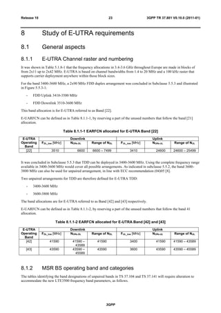3GPP
3GPP TR 37.801 V0.10.0 (2011-01)23Release 10
8 Study of E-UTRA requirements
8.1 General aspects
8.1.1 E-UTRA Channel raster and numbering
It was shown in Table 5.1.8-1 that the frequency allocations in 3.4-3.6 GHz throughout Europe are made in blocks of
from 2x11 up to 2x42 MHz. E-UTRA is based on channel bandwidths from 1.4 to 20 MHz and a 100 kHz raster that
supports carrier deployment anywhere within those block sizes.
For the band 3400-3600 MHz, a 2x90 MHz FDD duplex arrangement was concluded in Subclause 5.5.3 and illustrated
in Figure 5.5.3-1:
- FDD Uplink 3410-3500 MHz
- FDD Downlink 3510-3600 MHz
This band allocation is for E-UTRA referred to as Band [22].
E-UARFCN can be defined as in Table 8.1.1-1, by reserving a part of the unused numbers that follow the band [21]
allocation.
Table 8.1.1-1 EARFCN allocated for E-UTRA Band [22]
E-UTRA
Operating
Band
Downlink Uplink
FDL_low [MHz] NOffs-DL Range of NDL FUL_low [MHz] NOffs-UL Range of NUL
[22] 3510 6600 6600 – 7499 3410 24600 24600 – 25499
It was concluded in Subclause 5.5.3 that TDD can be deployed in 3400-3600 MHz. Using the complete frequency range
available in 3400-3600 MHz would cover all possible arrangements. As indicated in subclause 5.5.2, the band 3600-
3800 MHz can also be used for unpaired arrangement, in line with ECC recommendation (04)05 [8].
Two unpaired arrangements for TDD are therefore defined for E-UTRA TDD:
- 3400-3600 MHz
- 3600-3800 MHz
The band allocations are for E-UTRA referred to as Band [42] and [43] respectively.
E-UARFCN can be defined as in Table 8.1.1-2, by reserving a part of the unused numbers that follow the band 41
allocation.
Table 8.1.1-2 EARFCN allocated for E-UTRA Band [42] and [43]
E-UTRA
Operating
Band
Downlink Uplink
FDL_low [MHz] NOffs-DL Range of NDL FUL_low [MHz] NOffs-UL Range of NUL
[42] 41590 41590 –
43589
41590 3400 41590 41590 – 43589
[43] 43590 43590 –
45589
43590 3600 43590 43590 – 45589
8.1.2 MSR BS operating band and categories
The tables identifying the band designations of unpaired bands in TS 37.104 and TS 37.141 will require alteration to
accommodate the new LTE3500 frequency band parameters, as follows.
 