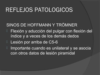 REFLEJOS PATOLOGICOS
SINOS DE HOFFMANN Y TRÖMNER
 Flexión y aducción del pulgar con flexión del
índice y a veces de los demás dedos
 Lesión por arriba de C5-6
 Importante cuando es unilateral y se asocia
con otros datos de lesión piramidal
 