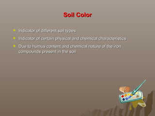 Soil ColorSoil Color
 Indicator of different soil typesIndicator of different soil types
 Indicator of certain physical and chemical characteristicsIndicator of certain physical and chemical characteristics
 Due to humus content and chemical nature of the ironDue to humus content and chemical nature of the iron
compounds present in the soilcompounds present in the soil
 