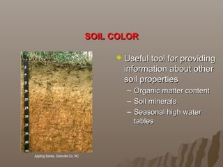 SOIL COLORSOIL COLOR
 Useful tool for providingUseful tool for providing
information about otherinformation about other
soil propertiessoil properties
– Organic matter contentOrganic matter content
– Soil mineralsSoil minerals
– Seasonal high waterSeasonal high water
tablestables
Appling Series, Granville Co, NC
 
