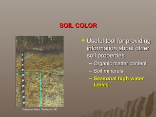 SOIL COLORSOIL COLOR
 Useful tool for providingUseful tool for providing
information about otherinformation about other
soil propertiessoil properties
– Organic matter contentOrganic matter content
– Soil mineralsSoil minerals
– Seasonal high waterSeasonal high water
tablestables
Creedmoor Series, Chatham Co, NC
 