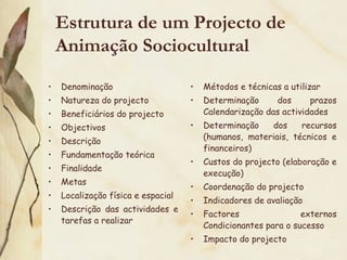 Estrutura de um Projecto de
Animação Sociocultural
• Denominação
• Natureza do projecto
• Beneficiários do projecto
• Objectivos
• Descrição
• Fundamentação teórica
• Finalidade
• Metas
• Localização física e espacial
• Descrição das actividades e
tarefas a realizar
• Métodos e técnicas a utilizar
• Determinação dos prazos
Calendarização das actividades
• Determinação dos recursos
(humanos, materiais, técnicos e
financeiros)
• Custos do projecto (elaboração e
execução)
• Coordenação do projecto
• Indicadores de avaliação
• Factores externos
Condicionantes para o sucesso
• Impacto do projecto
 