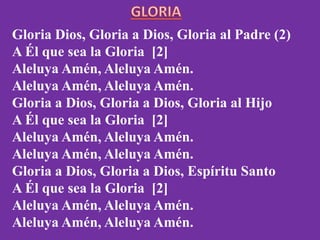 Gloria Dios, Gloria a Dios, Gloria al Padre (2)
A Él que sea la Gloria [2]
Aleluya Amén, Aleluya Amén.
Aleluya Amén, Alelu...