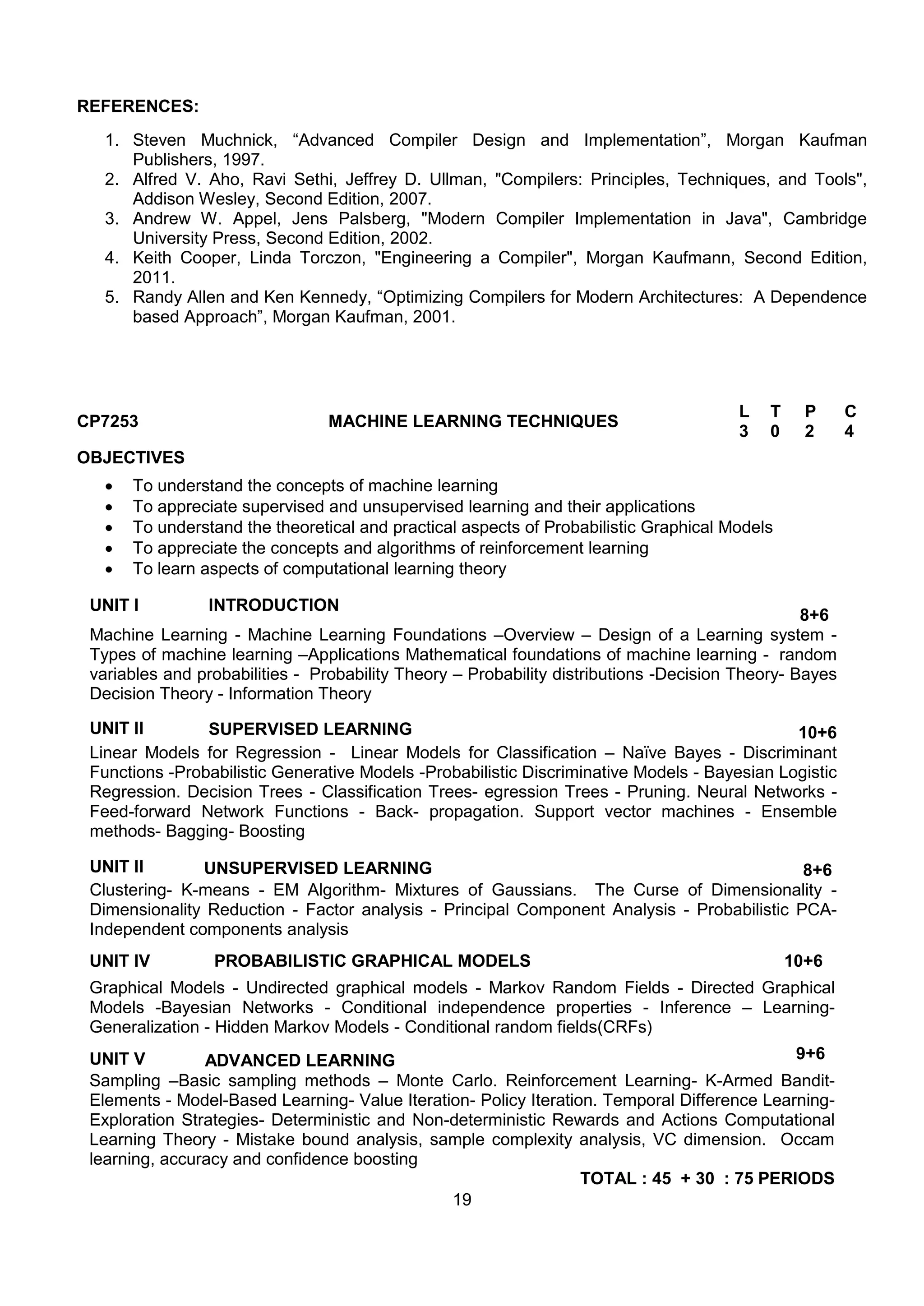 19
REFERENCES:
1. Steven Muchnick, “Advanced Compiler Design and Implementation”, Morgan Kaufman
Publishers, 1997.
2. Alfred V. Aho, Ravi Sethi, Jeffrey D. Ullman, "Compilers: Principles, Techniques, and Tools",
Addison Wesley, Second Edition, 2007.
3. Andrew W. Appel, Jens Palsberg, "Modern Compiler Implementation in Java", Cambridge
University Press, Second Edition, 2002.
4. Keith Cooper, Linda Torczon, "Engineering a Compiler", Morgan Kaufmann, Second Edition,
2011.
5. Randy Allen and Ken Kennedy, “Optimizing Compilers for Modern Architectures: A Dependence
based Approach”, Morgan Kaufman, 2001.
CP7253 MACHINE LEARNING TECHNIQUES
L T P C
3 0 2 4
OBJECTIVES
 To understand the concepts of machine learning
 To appreciate supervised and unsupervised learning and their applications
 To understand the theoretical and practical aspects of Probabilistic Graphical Models
 To appreciate the concepts and algorithms of reinforcement learning
 To learn aspects of computational learning theory
UNIT I INTRODUCTION
8+6
Machine Learning - Machine Learning Foundations –Overview – Design of a Learning system -
Types of machine learning –Applications Mathematical foundations of machine learning - random
variables and probabilities - Probability Theory – Probability distributions -Decision Theory- Bayes
Decision Theory - Information Theory
UNIT II SUPERVISED LEARNING 10+6
Linear Models for Regression - Linear Models for Classification – Naïve Bayes - Discriminant
Functions -Probabilistic Generative Models -Probabilistic Discriminative Models - Bayesian Logistic
Regression. Decision Trees - Classification Trees- egression Trees - Pruning. Neural Networks -
Feed-forward Network Functions - Back- propagation. Support vector machines - Ensemble
methods- Bagging- Boosting
UNIT III UNSUPERVISED LEARNING 8+6
Clustering- K-means - EM Algorithm- Mixtures of Gaussians. The Curse of Dimensionality -
Dimensionality Reduction - Factor analysis - Principal Component Analysis - Probabilistic PCA-
Independent components analysis
UNIT IV PROBABILISTIC GRAPHICAL MODELS 10+6
Graphical Models - Undirected graphical models - Markov Random Fields - Directed Graphical
Models -Bayesian Networks - Conditional independence properties - Inference – Learning-
Generalization - Hidden Markov Models - Conditional random fields(CRFs)
UNIT V ADVANCED LEARNING 9+6
Sampling –Basic sampling methods – Monte Carlo. Reinforcement Learning- K-Armed Bandit-
Elements - Model-Based Learning- Value Iteration- Policy Iteration. Temporal Difference Learning-
Exploration Strategies- Deterministic and Non-deterministic Rewards and Actions Computational
Learning Theory - Mistake bound analysis, sample complexity analysis, VC dimension. Occam
learning, accuracy and confidence boosting
TOTAL : 45 + 30 : 75 PERIODS
 