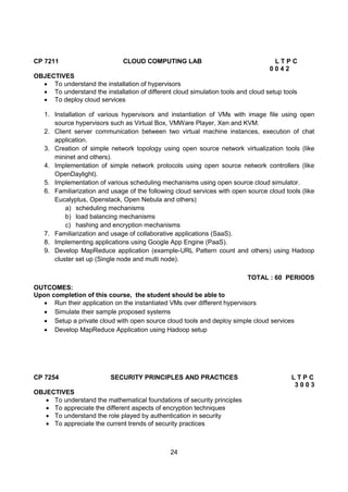 24
CP 7211 CLOUD COMPUTING LAB L T P C
0 0 4 2
OBJECTIVES
 To understand the installation of hypervisors
 To understand the installation of different cloud simulation tools and cloud setup tools
 To deploy cloud services
1. Installation of various hypervisors and instantiation of VMs with image file using open
source hypervisors such as Virtual Box, VMWare Player, Xen and KVM.
2. Client server communication between two virtual machine instances, execution of chat
application.
3. Creation of simple network topology using open source network virtualization tools (like
mininet and others).
4. Implementation of simple network protocols using open source network controllers (like
OpenDaylight).
5. Implementation of various scheduling mechanisms using open source cloud simulator.
6. Familiarization and usage of the following cloud services with open source cloud tools (like
Eucalyptus, Openstack, Open Nebula and others)
a) scheduling mechanisms
b) load balancing mechanisms
c) hashing and encryption mechanisms
7. Familiarization and usage of collaborative applications (SaaS).
8. Implementing applications using Google App Engine (PaaS).
9. Develop MapReduce application (example-URL Pattern count and others) using Hadoop
cluster set up (Single node and multi node).
TOTAL : 60 PERIODS
OUTCOMES:
Upon completion of this course, the student should be able to
 Run their application on the instantiated VMs over different hypervisors
 Simulate their sample proposed systems
 Setup a private cloud with open source cloud tools and deploy simple cloud services
 Develop MapReduce Application using Hadoop setup
CP 7254 SECURITY PRINCIPLES AND PRACTICES L T P C
3 0 0 3
OBJECTIVES
 To understand the mathematical foundations of security principles
 To appreciate the different aspects of encryption techniques
 To understand the role played by authentication in security
 To appreciate the current trends of security practices
 