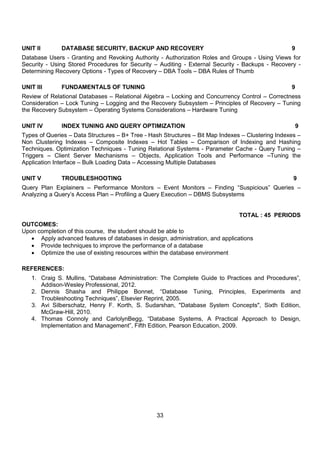 33
UNIT II DATABASE SECURITY, BACKUP AND RECOVERY 9
Database Users - Granting and Revoking Authority - Authorization Roles and Groups - Using Views for
Security - Using Stored Procedures for Security – Auditing - External Security - Backups - Recovery -
Determining Recovery Options - Types of Recovery – DBA Tools – DBA Rules of Thumb
UNIT III FUNDAMENTALS OF TUNING 9
Review of Relational Databases – Relational Algebra – Locking and Concurrency Control – Correctness
Consideration – Lock Tuning – Logging and the Recovery Subsystem – Principles of Recovery – Tuning
the Recovery Subsystem – Operating Systems Considerations – Hardware Tuning
UNIT IV INDEX TUNING AND QUERY OPTIMIZATION 9
Types of Queries – Data Structures – B+ Tree - Hash Structures – Bit Map Indexes – Clustering Indexes –
Non Clustering Indexes – Composite Indexes – Hot Tables – Comparison of Indexing and Hashing
Techniques. Optimization Techniques - Tuning Relational Systems - Parameter Cache - Query Tuning –
Triggers – Client Server Mechanisms – Objects, Application Tools and Performance –Tuning the
Application Interface – Bulk Loading Data – Accessing Multiple Databases
UNIT V TROUBLESHOOTING 9
Query Plan Explainers – Performance Monitors – Event Monitors – Finding “Suspicious” Queries –
Analyzing a Query‟s Access Plan – Profiling a Query Execution – DBMS Subsystems
TOTAL : 45 PERIODS
OUTCOMES:
Upon completion of this course, the student should be able to
 Apply advanced features of databases in design, administration, and applications
 Provide techniques to improve the performance of a database
 Optimize the use of existing resources within the database environment
REFERENCES:
1. Craig S. Mullins, “Database Administration: The Complete Guide to Practices and Procedures”,
Addison-Wesley Professional, 2012.
2. Dennis Shasha and Philippe Bonnet, “Database Tuning, Principles, Experiments and
Troubleshooting Techniques”, Elsevier Reprint, 2005.
3. Avi Silberschatz, Henry F. Korth, S. Sudarshan, "Database System Concepts", Sixth Edition,
McGraw-Hill, 2010.
4. Thomas Connoly and CarlolynBegg, “Database Systems, A Practical Approach to Design,
Implementation and Management”, Fifth Edition, Pearson Education, 2009.
 