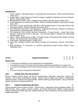 44
REFERENCES:
1. Frank J Ohlhorst, “Big Data Analytics: Turning Big Data into Big Money”, Wiley and SAS Business
Series, 2013.
2. Colleen Mccue, “Data Mining and Predictive Analysis: Intelligence Gathering and Crime Analysis”,
Elsevier, Second Edition, 2015.
3. Michael Berthold, David J. Hand, “Intelligent Data Analysis”, Springer, Second Edition, 2007.
4. Anand Rajaraman and Jeffrey David Ullman, “Mining of Massive Datasets”, Cambridge University
Press, 2014.
5. Bill Franks, “Taming the Big Data Tidal Wave: Finding Opportunities in Huge Data Streams with
Advanced Analytics”, Wiley and SAS Business Series, 2012.
6. Paul Zikopoulos, Chris Eaton, Paul Zikopoulos, “Understanding Big Data: Analytics for Enterprise
Class Hadoop and Streaming Data”, McGraw Hill, 2012.
7. Paul Zikopoulos, Dirk de Roos, Krishnan Parasuraman, Thomas Deutsch , James Giles, David
Corrigan, “Harness the Power of Big data - The big data platform”, McGraw Hill, McGraw-Hill
Osborne Media, 2012.
8. Glenn J. Myatt, “Making Sense of Data I: A Practical Guide to Exploratory Data Analysis and Data
Mining”, John Wiley & Sons, Second Edition, 2014.
9. Pete Warden, “Big Data Glossary”, O‟Reilly, 2011.
10. Jiawei Han, Micheline Kamber “Data Mining Concepts and Techniques”, Elsevier, Third Edition,
2011.
11. Greg Michaelson, “An introduction to functional programming through lambda calculus”, Dover
Publications, 2011.
CP7079 DOMAIN ENGINEERING
L T P C
3 0 0 3
OBJECTIVES
 To maximize the satisfaction of the requirements of its stakeholders
 To include the core set of concepts and terminology understood by practitioners in a given area
 To include the knowledge of how to build software systems (or parts of software systems) in a given
area
 To evolve consensus amongst the stakeholders
UNIT I DOMAIN ANALYSIS AND SCOPING 9
Domain Analysis. Domain Design and Domain Implementation. Application Engineering. Product-Line
Practices. Key Domain Engineering Concepts. Domain. Domain Scope and Scoping. Relationships
between Domains. Features and Feature Models. Method Tailoring and Specialization. Survey of Domain
Analysis and Domain Engineering Methods
UNIT II DOMAIN ENGINEERING METHODS 9
Feature-Oriented Domain Analysis (FODA). FODA Process. Organization Domain Modeling (ODM). The
ODM Process. Draco. Capture. Domain Analysis and Reuse Environment (DARE). Domain-Specific
Software Architecture (DSSA) Approach, Algebraic Approach. Other Approaches. Domain Engineering and
Related Approaches
 