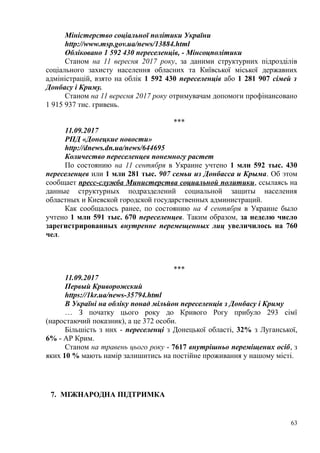 Міністерство соціальної політики України
http://www.msp.gov.ua/news/13884.html
Обліковано 1 592 430 переселенців, - Мінсоцполітики
Станом на 11 вересня 2017 року, за даними структурних підрозділів
соціального захисту населення обласних та Київської міської державних
адміністрацій, взято на облік 1 592 430 переселенців або 1 281 907 сімей з
Донбасу і Криму.
Станом на 11 вересня 2017 року отримувачам допомоги профінансовано
1 915 937 тис. гривень.
***
11.09.2017
РПД «Донецкие новости»
http://dnews.dn.ua/news/644695
Количество переселенцев понемногу растет
По состоянию на 11 сентября в Украине учтено 1 млн 592 тыс. 430
переселенцев или 1 млн 281 тыс. 907 семьи из Донбасса и Крыма. Об этом
сообщает пресс-служба Министерства социальной политики, ссылаясь на
данные структурных подразделений социальной защиты населения
областных и Киевской городской государственных администраций.
Как сообщалось ранее, по состоянию на 4 сентября в Украине было
учтено 1 млн 591 тыс. 670 переселенцев. Таким образом, за неделю число
зарегистрированных внутренне перемещенных лиц увеличилось на 760
чел.
***
11.09.2017
Первый Криворожский
https://1kr.ua/news-35794.html
В Україні на обліку понад мільйон переселенців з Донбасу і Криму
… З початку цього року до Кривого Рогу прибуло 293 сімї
(наростаючий показник), а це 372 особи.
Більшість з них - переселенці з Донецької області, 32% з Луганської,
6% - АР Крим.
Станом на травень цього року - 7617 внутрішньо переміщених осіб, з
яких 10 % мають намір залишитись на постійне проживання у нашому місті.
7. МІЖНАРОДНА ПІДТРИМКА
63
 