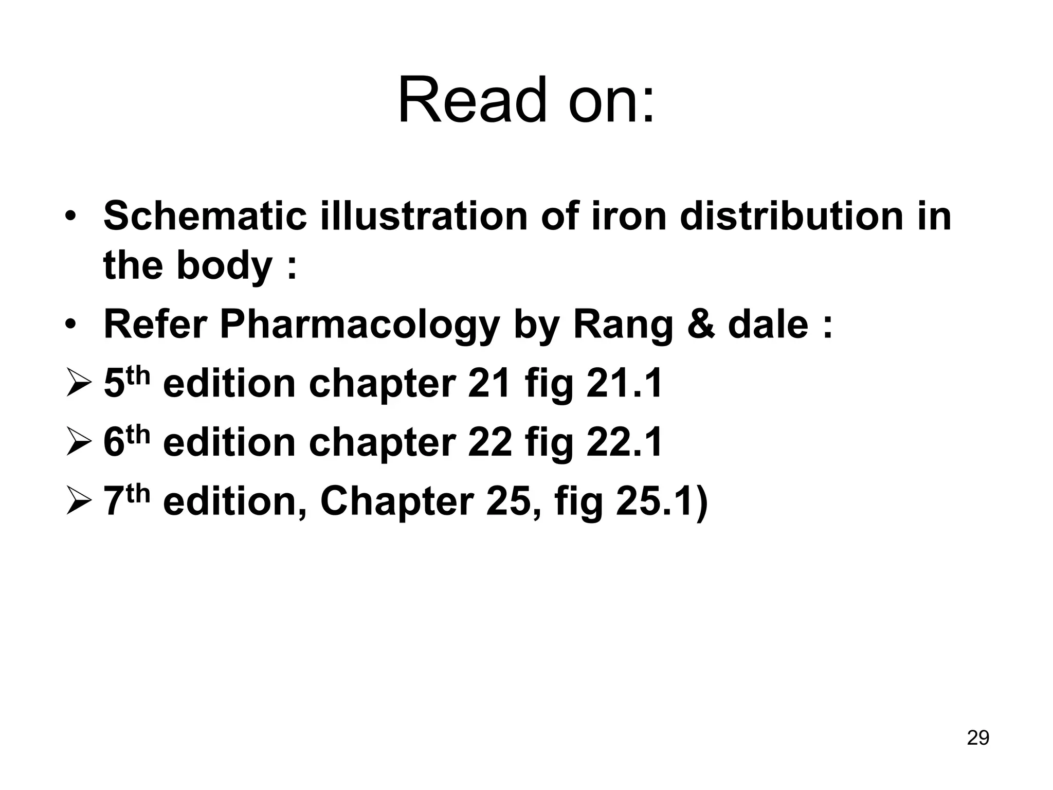 29
Read on:
• Schematic illustration of iron distribution in
the body :
• Refer Pharmacology by Rang & dale :
 5th edition chapter 21 fig 21.1
 6th edition chapter 22 fig 22.1
 7th edition, Chapter 25, fig 25.1)
 