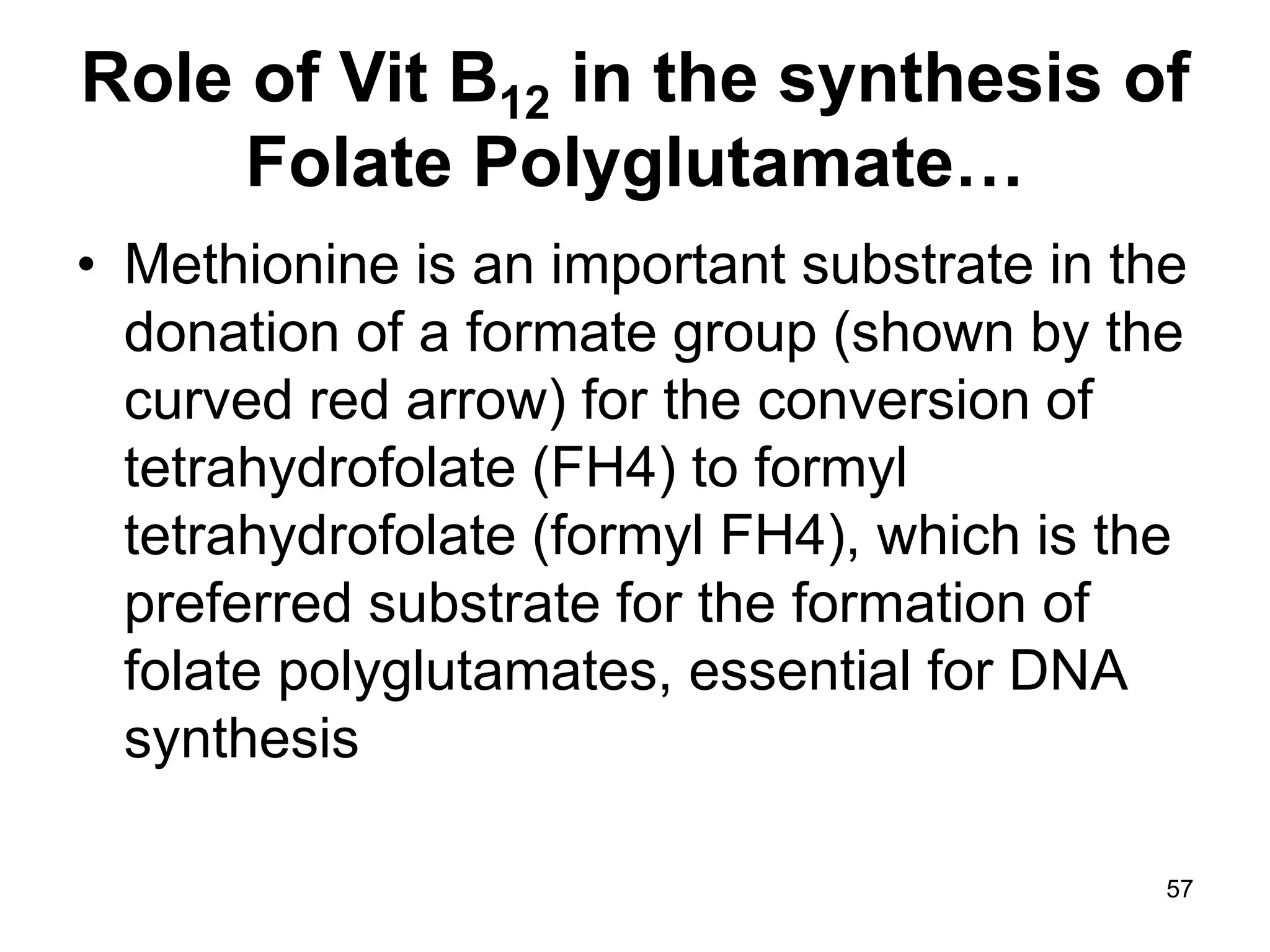 57
Role of Vit B12 in the synthesis of
Folate Polyglutamate…
• Methionine is an important substrate in the
donation of a formate group (shown by the
curved red arrow) for the conversion of
tetrahydrofolate (FH4) to formyl
tetrahydrofolate (formyl FH4), which is the
preferred substrate for the formation of
folate polyglutamates, essential for DNA
synthesis
 