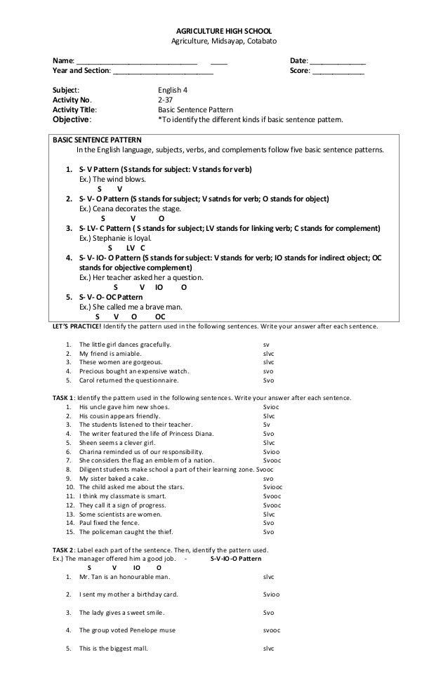 Sentence Pattern Worksheets With Answers