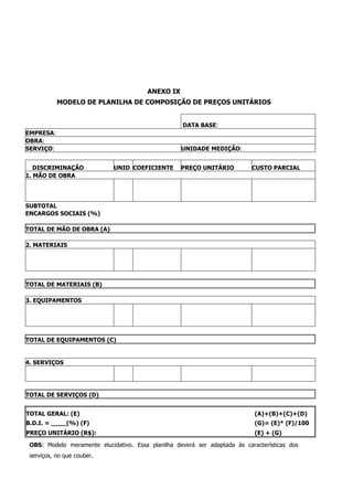 ANEXO IX
MODELO DE PLANILHA DE COMPOSIÇÃO DE PREÇOS UNITÁRIOS
DATA BASE:
EMPRESA:
OBRA:
SERVIÇO: UNIDADE MEDIÇÃO:
DISCRIMINAÇÃO UNID COEFICIENTE PREÇO UNITÁRIO CUSTO PARCIAL
1. MÃO DE OBRA
SUBTOTAL
ENCARGOS SOCIAIS (%)
TOTAL DE MÃO DE OBRA (A)
2. MATERIAIS
TOTAL DE MATERIAIS (B)
3. EQUIPAMENTOS
TOTAL DE EQUIPAMENTOS (C)
4. SERVIÇOS
TOTAL DE SERVIÇOS (D)
TOTAL GERAL: (E) (A)+(B)+(C)+(D)
B.D.I. = ____(%) (F) (G)= (E)* (F)/100
PREÇO UNITÁRIO (R$): (E) + (G)
OBS: Modelo meramente elucidativo. Essa planilha deverá ser adaptada às características dos
serviços, no que couber.
 
