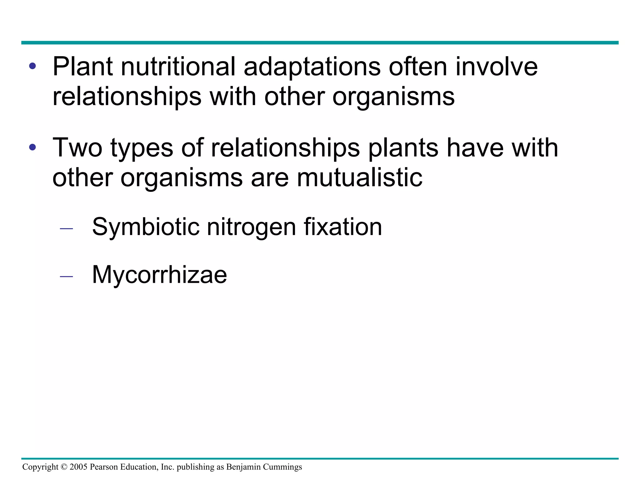 Plant nutritional adaptations often involve relationships with other organisms Two types of relationships plants have with other organisms are mutualistic Symbiotic nitrogen fixation Mycorrhizae 