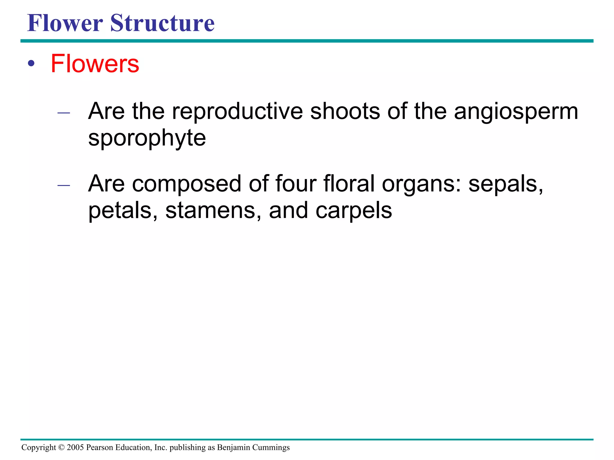 Flower Structure Flowers Are the reproductive shoots of the angiosperm sporophyte Are composed of four floral organs: sepals, petals, stamens, and carpels 