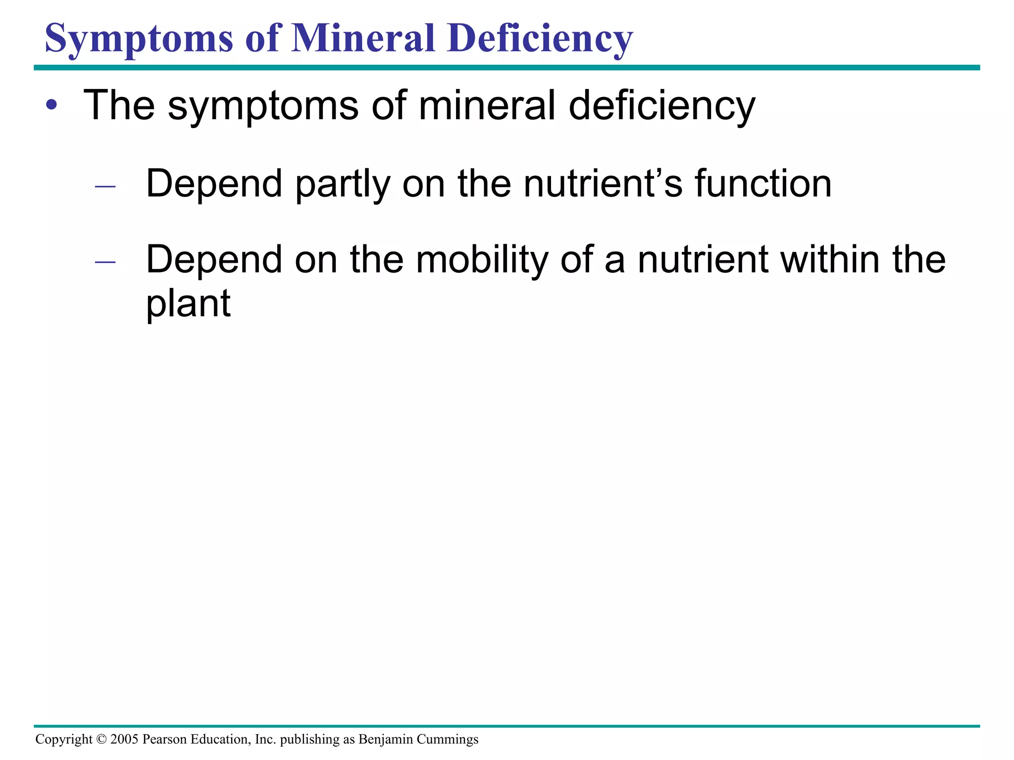 Symptoms of Mineral Deficiency The symptoms of mineral deficiency Depend partly on the nutrient’s function Depend on the mobility of a nutrient within the plant 