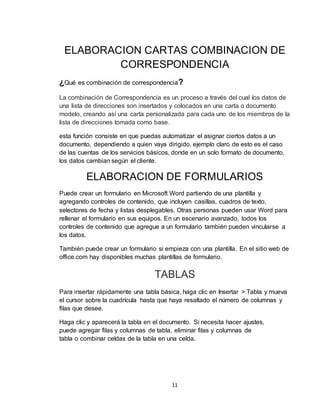 11
ELABORACION CARTAS COMBINACION DE
CORRESPONDENCIA
¿Qué es combinación de correspondencia?
La combinación de Correspondencia es un proceso a través del cual los datos de
una lista de direcciones son insertados y colocados en una carta o documento
modelo, creando así una carta personalizada para cada uno de los miembros de la
lista de direcciones tomada como base.
esta función consiste en que puedas automatizar el asignar ciertos datos a un
documento, dependiendo a quien vaya dirigido, ejemplo claro de esto es el caso
de las cuentas de los servicios básicos, donde en un solo formato de documento,
los datos cambian según el cliente.
ELABORACION DE FORMULARIOS
Puede crear un formulario en Microsoft Word partiendo de una plantilla y
agregando controles de contenido, que incluyen casillas, cuadros de texto,
selectores de fecha y listas desplegables. Otras personas pueden usar Word para
rellenar el formulario en sus equipos. En un escenario avanzado, todos los
controles de contenido que agregue a un formulario también pueden vincularse a
los datos.
También puede crear un formulario si empieza con una plantilla. En el sitio web de
office.com hay disponibles muchas plantillas de formulario.
TABLAS
Para insertar rápidamente una tabla básica, haga clic en Insertar > Tabla y mueva
el cursor sobre la cuadrícula hasta que haya resaltado el número de columnas y
filas que desee.
Haga clic y aparecerá la tabla en el documento. Si necesita hacer ajustes,
puede agregar filas y columnas de tabla, eliminar filas y columnas de
tabla o combinar celdas de la tabla en una celda.
 