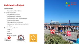 Collaborative Project
Coordinated by:
National Heart Foundation
In collaboration with:
Department of Planning
Department of Transport
Department of Sport and Recreation
Department of Health
Planning Institute of Australia
Metropolitan Redevelopment Authority
Landcorp
Commissioned partners:
HASSELL
CBEH
Aurecon
Bouncing Orange
 