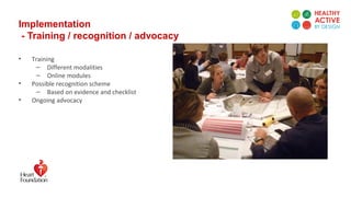 Implementation
- Training / recognition / advocacy
• Training
– Different modalities
– Online modules
• Possible recognition scheme
– Based on evidence and checklist
• Ongoing advocacy
 