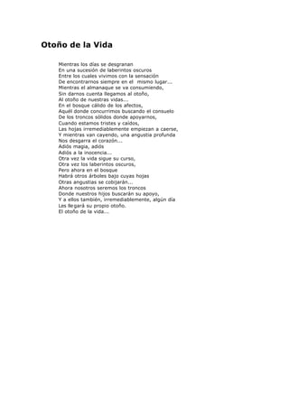 Otoño de la Vida
Mientras los días se desgranan
En una sucesión de laberintos oscuros
Entre los cuales vivimos con la sensación
De encontrarnos siempre en el mismo lugar...
Mientras el almanaque se va consumiendo,
Sin darnos cuenta llegamos al otoño,
Al otoño de nuestras vidas...
En el bosque cálido de los afectos,
Aquél donde concurrimos buscando el consuelo
De los troncos sólidos donde apoyarnos,
Cuando estamos tristes y caídos,
Las hojas irremediablemente empiezan a caerse,
Y mientras van cayendo, una angustia profunda
Nos desgarra el corazón...
Adiós magia, adiós
Adiós a la inocencia...
Otra vez la vida sigue su curso,
Otra vez los laberintos oscuros,
Pero ahora en el bosque
Habrá otros árboles bajo cuyas hojas
Otras angustias se cobijarán...
Ahora nosotros seremos los troncos
Donde nuestros hijos buscarán su apoyo,
Y a ellos también, irremediablemente, algún día
Les llegará su propio otoño.
El otoño de la vida...
 