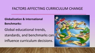 FACTORS AFFECTING CURRICULUM CHANGE
Globalization & International
Benchmarks:
Global educational trends,
standards, and benchmarks can
influence curriculum decisions.
 
