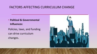 FACTORS AFFECTING CURRICULUM CHANGE
• Political & Governmental
Influences:
Policies, laws, and funding
can drive curriculum
changes.
 