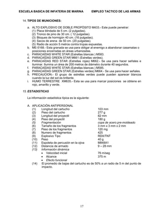 ESCUELA BASICA DE INFATERIA DE MARINA EMPLEO TACTICO DE LAS ARMAS
17
14. TIPOS DE MUNICIONES:
a. ALTO EXPLOSIVO DE DOBLE PROPÓSITO M433.- Este puede penetrar:
(1) Placa blindada de 5 cm. (2 pulgadas).
(2) Tronco de pino de 30 cm. ( 12 pulgadas).
(3) Bloques de hormigón 40 cm. (16 pulgadas).
(4) Sacos de arena de 50 cm. (20 pulgadas).
(5) Radio de acción 5 metros contra tropas expuestas.
b. ME-5168.- Esta granada se usa para obligar al enemigo a abandonar casamatas o
posiciones encerradas en áreas urbanizadas.
c. PARACAÍDAS WHITE STAR (Estrellas blancas ) M583.
d. PARACAÍDAS GREEN STAR M661 (Estrellas verdes).
e. PARACAÍDAS RED STAR (Estrellas rojas) M662.- Se usa para hacer señales e
iluminar. Ilumina un área de 200 metros de diámetro durante 40 segundos.
f. PARACAÍDAS WHITE STAR (Estrellas blancas ) M585.
g. PARACAÍDAS GREEN STAR (Estrellas verdes) M664.- Se usa para hacer señales.
h. PRECAUCION.- El grupo de estrellas verdes puede pueden aparecer blancos
cuando la luz del sol es brillante.
i. HUMO TERRESTRE XM635.- Esta se usa para marcar posiciones se obtiene en
rojo, amarillo y verde.
15. ESTADISTICAS
La información estadística típica es la siguiente:
A. APLICACIÓN ANTIPERSONAL
(1) Longitud del cartucho 103 mm
(2) Peso del cartucho 277 g
(3) Longitud del proyectil 82 mm
(4) Peso del proyectil 180 g
(5) Fragmentación copa de acero pre-moldeado
(6) Tamaño de los fragmentos 3 mm x 3 mm x 2 mm
(7) Peso de los fragmentos 120 mg
(8) Numero de fragmentos 425
(9) Explosivo Tipo RDX/TNT
(10) Peso 40 g
(11) Espoleta de percusión en la ojiva M848A1
(12) Distancia de armado 9 – 28 mm
(13) Información dinámica
• Velocidad inicial 76 m/seg
• Alcance 375 m
• Efecto funcional
(14) El promedio de bajas del cartucho es de 50% a un radio de 5 m del punto de
impacto.
 
