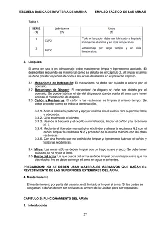 ESCUELA BASICA DE INFATERIA DE MARINA EMPLEO TACTICO DE LAS ARMAS
27
Tabla 1.
3. Limpieza
El arma en uso o en almacenaje debe mantenerse limpia y ligeramente aceitada. El
desmontaje requerido es mínimo tal como se detalla en el Capítulo 2. Al limpiar el arma
se debe prestar especial atención a las áreas detalladas en el presente capítulo.
3.1. Mecanismo de Indexación: El mecanismo no debe ser quitado o abierto por el
operario.
3.2. Mecanismo de Disparo: El mecanismo de disparo no debe ser abierto por el
operario. Se puede lubricar el eje del disparador dando vuelta el arma para tener
acceso al mecanismo de disparo.
3.3. Cañón y Recámaras: El cañón y las recámaras se limpian al mismo tiempo. Se
debe proceder como se indica a continuación.
3.3.1. Abrir el armazón posterior y apoyar el arma en el suelo u otra superficie firme
y adecuada.
3.3.2. Girar totalmente el cilindro.
3.3.3. Usando la baqueta y el cepillo suministrados, limpiar el cañón y la recámara
N. 1.
3.3.4. Mediante el liberador manual girar el cilindro y alinear la recámara N.2 con el
cañón; limpiar la recámara N.2 y proceder de la misma manera con las otras
recámaras.
3.3.5. Con una franela que no deshilacha limpiar y ligeramente lubricar el cañón y
todas las recámaras.
3.4. Miras: Las miras sólo se deben limpiar con un trapo suave y seco. Se debe tener
cuidado de no rayar la lente.
3.5. Resto del arma: Lo que queda del arma se debe limpiar con un trapo suave que no
deshilacha. No se debe sumergir el arma en agua o solventes.
PRECAUCION: NO SE DEBEN USAR MATERIALES ABRASIVOS QUE DAÑAN EL
REVESTIMIENTO DE LAS SUPERFICIES EXTERIORES DEL ARMA.
4. Mantenimiento
El mantenimiento por parte del usuario, está limitado a limpiar el arma. Si las partes se
desgastan o dañan deben ser enviadas al armero de la Unidad para ser reparadas.
CAPITULO 5: FUNCIONAMIENTO DEL ARMA
1. Introducción
 