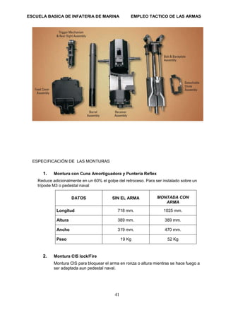 ESCUELA BASICA DE INFATERIA DE MARINA EMPLEO TACTICO DE LAS ARMAS
41
ESPECIFICACIÓN DE LAS MONTURAS
1. Montura con Cuna Amortiguadora y Puntería Reflex
Reduce adicionalmente en un 60% el golpe del retroceso. Para ser instalado sobre un
trípode M3 o pedestal naval
DATOS SIN EL ARMA MONTADA CON
ARMA
Longitud 718 mm. 1025 mm.
Altura 389 mm. 389 mm.
Ancho 319 mm. 470 mm.
Peso 19 Kg 52 Kg
2. Montura CIS lock/Fire
Montura CIS para bloquear el arma en ronza o altura mientras se hace fuego a
ser adaptada aun pedestal naval.
 
