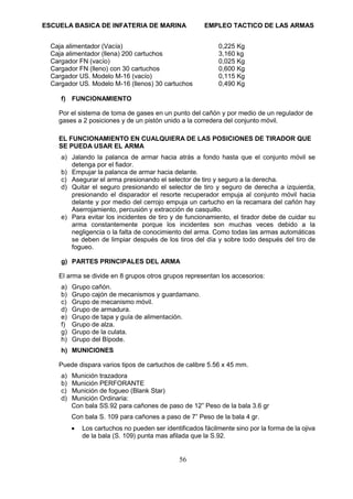 ESCUELA BASICA DE INFATERIA DE MARINA EMPLEO TACTICO DE LAS ARMAS
56
Caja alimentador (Vacía) 0,225 Kg
Caja alimentador (llena) 200 cartuchos 3,160 kg
Cargador FN (vacío) 0,025 Kg
Cargador FN (lleno) con 30 cartuchos 0,600 Kg
Cargador US. Modelo M-16 (vacío) 0,115 Kg
Cargador US. Modelo M-16 (llenos) 30 cartuchos 0,490 Kg
f) FUNCIONAMIENTO
Por el sistema de toma de gases en un punto del cañón y por medio de un regulador de
gases a 2 posiciones y de un pistón unido a la corredera del conjunto móvil.
EL FUNCIONAMIENTO EN CUALQUIERA DE LAS POSICIONES DE TIRADOR QUE
SE PUEDA USAR EL ARMA
a) Jalando la palanca de armar hacia atrás a fondo hasta que el conjunto móvil se
detenga por el fiador.
b) Empujar la palanca de armar hacia delante.
c) Asegurar el arma presionando el selector de tiro y seguro a la derecha.
d) Quitar el seguro presionando el selector de tiro y seguro de derecha a izquierda,
presionando el disparador el resorte recuperador empuja al conjunto móvil hacia
delante y por medio del cerrojo empuja un cartucho en la recamara del cañón hay
Aserrojamiento, percusión y extracción de casquillo.
e) Para evitar los incidentes de tiro y de funcionamiento, el tirador debe de cuidar su
arma constantemente porque los incidentes son muchas veces debido a la
negligencia o la falta de conocimiento del arma. Como todas las armas automáticas
se deben de limpiar después de los tiros del día y sobre todo después del tiro de
fogueo.
g) PARTES PRINCIPALES DEL ARMA
El arma se divide en 8 grupos otros grupos representan los accesorios:
a) Grupo cañón.
b) Grupo cajón de mecanismos y guardamano.
c) Grupo de mecanismo móvil.
d) Grupo de armadura.
e) Grupo de tapa y guía de alimentación.
f) Grupo de alza.
g) Grupo de la culata.
h) Grupo del Bípode.
h) MUNICIONES
Puede dispara varios tipos de cartuchos de calibre 5.56 x 45 mm.
a) Munición trazadora
b) Munición PERFORANTE
c) Munición de fogueo (Blank Star)
d) Munición Ordinaria:
Con bala SS.92 para cañones de paso de 12” Peso de la bala 3.6 gr
Con bala S. 109 para cañones a paso de 7” Peso de la bala 4 gr.
• Los cartuchos no pueden ser identificados fácilmente sino por la forma de la ojiva
de la bala (S. 109) punta mas afilada que la S.92.
 