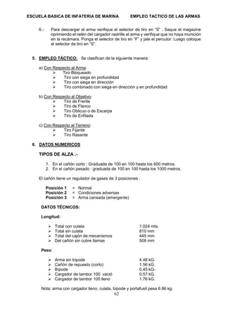ESCUELA BASICA DE INFATERIA DE MARINA EMPLEO TACTICO DE LAS ARMAS
62
6.- Para descargar el arma verifique el selector de tiro en “S” . Saque el magazine
oprimiendo el retén del cargador rastrille el arma y verifique que no haya munición
en la recámara. Ponga el selector de tiro en “F” y jale el percutor. Luego coloque
el selector de tiro en “S”.
5. EMPLEO TÁCTICO: Se clasifican de la siguiente manera:
a) Con Respecto al Arma:
➢ Tiro Bloqueado
➢ Tiro con siega en profundidad
➢ Tiro con siega en dirección
➢ Tiro combinado con siega en dirección y en profundidad
b) Con Respecto al Objetivo:
➢ Tiro de Frente
➢ Tiro de Flanco
➢ Tiro Oblicuo o de Escarpa
➢ Tiro de Enfilada
c) Con Respecto al Terreno:
➢ Tiro Fijante
➢ Tiro Rasante
6. DATOS NUMERICOS
TIPOS DE ALZA .-
1. En el cañón corto : Graduada de 100 en 100 hasta los 600 metros.
2. En el cañón pesado : graduada de 100 en 100 hasta los 1000 metros.
El cañón tiene un regulador de gases de 3 posiciones :
Posición 1 = Normal
Posición 2 = Condiciones adversas
Posición 3 = Arma cansada (emergente)
DATOS TÉCNICOS:
Longitud:
➢ Total con culata 1.024 mts.
➢ Total sin culata 810 mm
➢ Total del cajón de mecanismos 445 mm
➢ Del cañón sin cubre llamas 508 mm
Peso:
➢ Arma sin bípode 4.48 kG.
➢ Cañón de repuesto (corto) 1.56 kG.
➢ Bípode 0.45 kG-
➢ Cargador de tambor 100 vació 0.57 kG.
➢ Cargador de tambor 100 lleno 1.76 kG.
Nota: arma con cargador lleno, culata, bípode y portafusil pesa 6.86 kg.
 