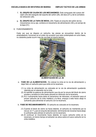 ESCUELA BASICA DE INFATERIA DE MARINA EMPLEO TACTICO DE LAS ARMAS
76
f. EL GRUPO DE CAJON DE LOS MECANISMOS: Está compuesto del cuerpo del
cajón (25) del manguito del soporte del cañón (26), del alza (27) y de la corredera
de retracción (28).
g. EL GRUPO DE LA TAPA DE MOVIL (29): Fijado al conjunto del cañón de los
mecanismos vía su eje, contiene el mecanismo de alimentación (30) y el cerrojo de
la tapa (31).
6. FUNCIONAMIENTO
Cada vez que se dispara un cartucho, las piezas se encuentran dentro de la
ametralladora, funcionan en el orden de sucesión que esta contemplado en ocho fases,
no obstante puede ocurrir mas de una fase al mismo tiempo.
ALIMENTACION DE LA .50
a. FASE DE LA ALIMENTACION.- Es colocar la cinta en la vía de alimentación y
dejar listo un cartucho para que entre en la recamara.
(1) La cinta de alimentación es colocada en la vía de alimentación quedando
retenida por el retenedor de la cinta.
(2) Al rastrillar la palanca de alimentación que da por la ranura del block de cierre
pivotea y arrastra la cinta hasta ubicarla en dirección de la recamara.
(3) Al ir nuevamente hacia atrás el mecanismo de retroceso, el extractor saca el
primer cartucho de la cinta metálica y la lleva, empuja a esta hacia abajo lo
suficiente para alimentar el cartucho con la recamara.
b. FASE DE RECAMARAMIENTO.- El cartucho es colocado en la recamara.
(1) Cuando el block de cierre va hacia delante, el cartucho es mantenido por la
ranura en “I” y por el conjunto del extractor, terminando de moverse hacia abajo
lo suficiente para alinear el cartucho con la recamara.
(2) Al continuar el movimiento hacia delante, el nuevo cartucho entra en la
recamara, al mismo tiempo el extractor se ubica sobre el nuevo cartucho en la
cinta metálica.
 