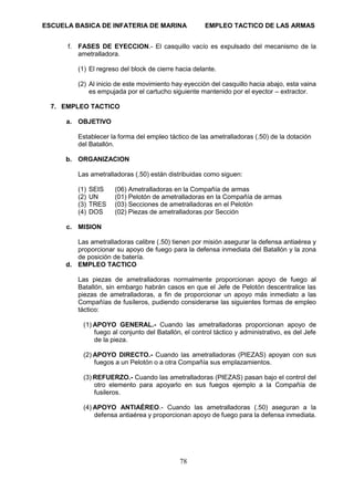 ESCUELA BASICA DE INFATERIA DE MARINA EMPLEO TACTICO DE LAS ARMAS
78
f. FASES DE EYECCION.- El casquillo vacío es expulsado del mecanismo de la
ametralladora.
(1) El regreso del block de cierre hacia delante.
(2) Al inicio de este movimiento hay eyección del casquillo hacia abajo, esta vaina
es empujada por el cartucho siguiente mantenido por el eyector – extractor.
7. EMPLEO TACTICO
a. OBJETIVO
Establecer la forma del empleo táctico de las ametralladoras (.50) de la dotación
del Batallón.
b. ORGANIZACION
Las ametralladoras (.50) están distribuidas como siguen:
(1) SEIS (06) Ametralladoras en la Compañía de armas
(2) UN (01) Pelotón de ametralladoras en la Compañía de armas
(3) TRES (03) Secciones de ametralladoras en el Pelotón
(4) DOS (02) Piezas de ametralladoras por Sección
c. MISION
Las ametralladoras calibre (.50) tienen por misión asegurar la defensa antiaérea y
proporcionar su apoyo de fuego para la defensa inmediata del Batallón y la zona
de posición de batería.
d. EMPLEO TACTICO
Las piezas de ametralladoras normalmente proporcionan apoyo de fuego al
Batallón, sin embargo habrán casos en que el Jefe de Pelotón descentralice las
piezas de ametralladoras, a fin de proporcionar un apoyo más inmediato a las
Compañías de fusíleros, pudiendo considerarse las siguientes formas de empleo
táctico:
(1) APOYO GENERAL.- Cuando las ametralladoras proporcionan apoyo de
fuego al conjunto del Batallón, el control táctico y administrativo, es del Jefe
de la pieza.
(2) APOYO DIRECTO.- Cuando las ametralladoras (PIEZAS) apoyan con sus
fuegos a un Pelotón o a otra Compañía sus emplazamientos.
(3) REFUERZO.- Cuando las ametralladoras (PIEZAS) pasan bajo el control del
otro elemento para apoyarlo en sus fuegos ejemplo a la Compañía de
fusileros.
(4) APOYO ANTIAÉREO.- Cuando las ametralladoras (.50) aseguran a la
defensa antiaérea y proporcionan apoyo de fuego para la defensa inmediata.
 
