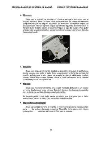 ESCUELA BASICA DE INFATERIA DE MARINA EMPLEO TACTICO DE LAS ARMAS
86
c. El seguro
Sirve para el bloqueo del martillo con lo cual se excluye la posibilidad para el
disparo arbitrario. Tiene un ribete y dos alojamientos en los cuales entra el reten
(según la posición del seguro) accionado por el muelle. Para poner seguro del
lanzagranadas hay que apretar seguro por el lado izquierdo de manera que la
franja circular de color rojo se encuentre al ras de la tapa del cuerpo. Para quitar
el seguro del lanzagranadas hay que apretar el mismo seguro por el lado derecho
haciéndolo hundir.
d. El gatillo
Sirve para disparar el martillo desdec su posición montadad. El gatillo tiene
diente superior para soltar el fiador de su enganche con el diente de combate del
martillo; orificio para el eje; rabera para poder apretar el gatillo para producir
disparo; diente inferior para toparse contra el ribete del seguro en el caso de
ponerse seguro de lanzagranadas.
e. El fiador
Sirve para mantener el martillo en posición montada. El fiador es un resorte
en forma de placa que en su extremo delantero tiene un diente para el enganche
con el diente de combate (de seguridad) del martillo.
En la parte posterior del fiador existe un orificio que sirve para fijar el fiador
mediante un tornillo al cuerpo del mecanismo del disparador.
f. El pestillo con muelle real
Sirve para proporcionarle al martillo el movimiento giratorio imprescindible
para dar golpe a la aguja percusora. El pestillo tiene cabeza con ribetes
guías y dos salientes, así como orificio para el botador.
 