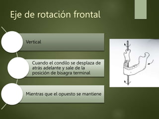 Eje de rotación frontal
Vertical
Cuando el condilo se desplaza de
atrás adelante y sale de la
posición de bisagra terminal
Mientras que el opuesto se mantiene
 