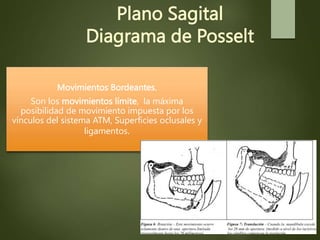 Plano Sagital
Diagrama de Posselt
Movimientos Bordeantes.
Son los movimientos límite, la máxima
posibilidad de movimiento impuesta por los
vínculos del sistema ATM, Superficies oclusales y
ligamentos.
 